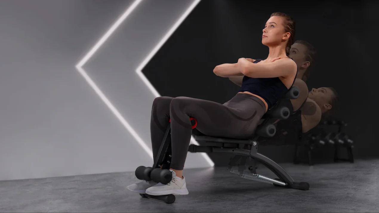Banco Abdominal Compacto 4 em 1 para Core, Pernas e Cardio