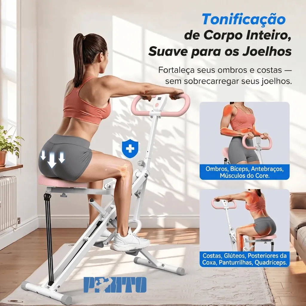Imagem mostrando amplitude total de agachamentos e remo no aparelho