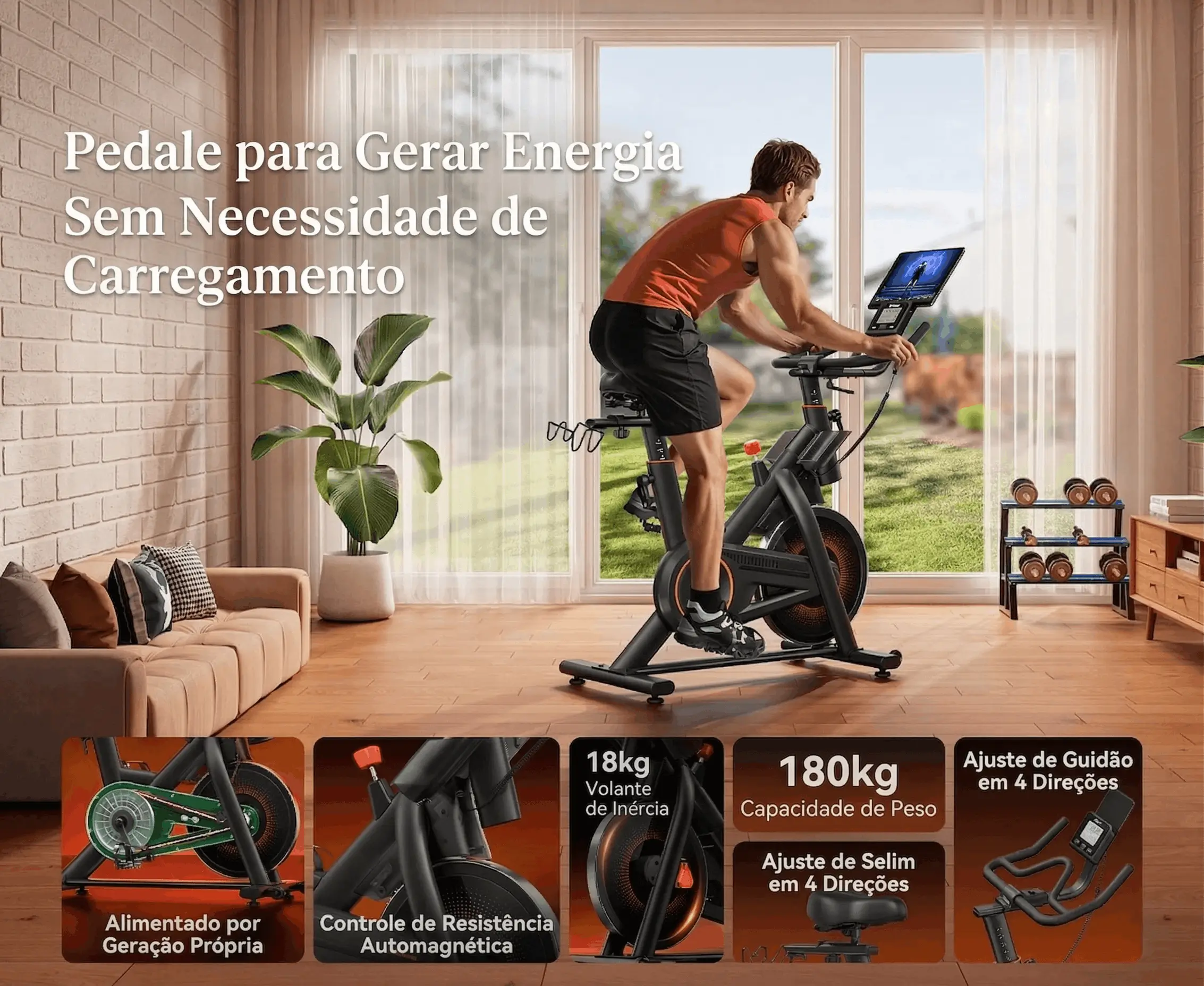 Bicicleta ergométrica compacta ultra silenciosa com destaque para as principais features